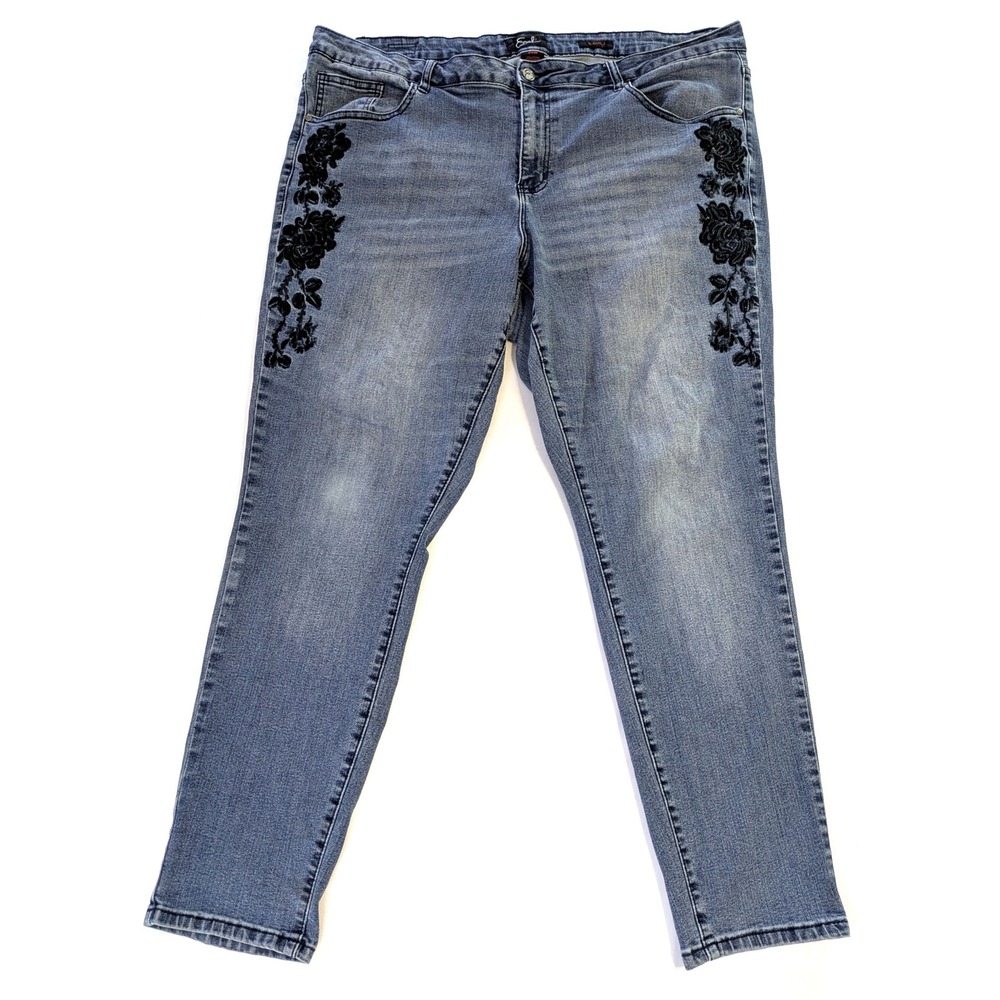 Earl Jean Womens 24W Skinny Jeans Medium Wash Black Floral Rose Embroidered